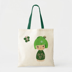 Bolso De Tela Tote verde del trío de Kokeshi