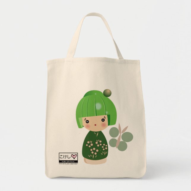 Bolso De Tela Tote verde del ultramarinos del trío de Kokeshi (Frente)