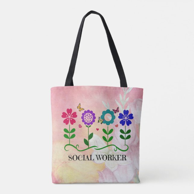 Bolso De Tela Trabajador social, diseño de flores gráficas (Reverso)