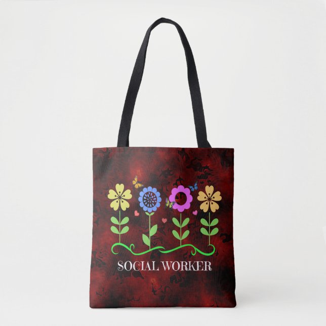 Bolso De Tela Trabajador social, diseño gráfico floral (Anverso)
