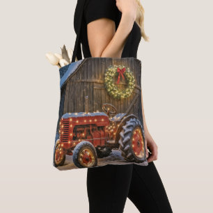 Bolso De Tela Tractor rojo de granja de Navidad con corona lumin