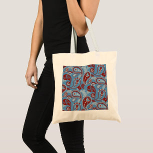 Bolso De Tela Tradicional Paisley Linocut Rojo Azul Blanco