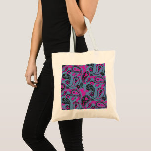 Bolso De Tela Tradicional Paisley Linocut Vivid Pink Dusky Blue