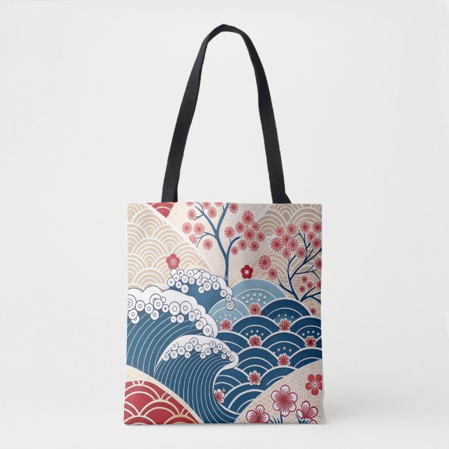 Bolso De Tela Traditional Red Blue Japanese Wave Sakura Pattern (Anverso)