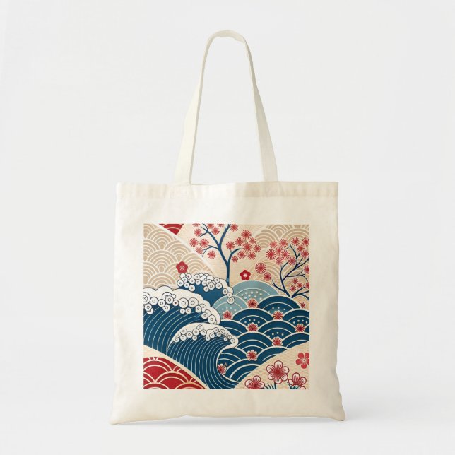 Bolso De Tela Traditional Red Blue Japanese Wave Sakura Pattern (Frente)