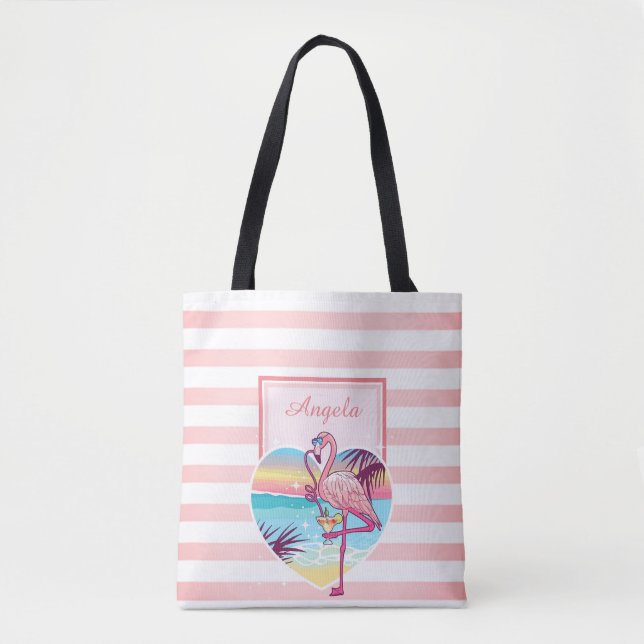 Bolso De Tela Trandy Striped, Flamingo, Cocktail - Personalizado (Anverso)