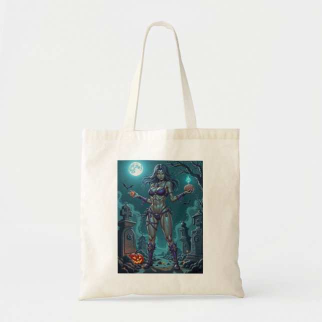 Bolso De Tela Trato de Halloween o Novia Zombie con cerebros (Frente)