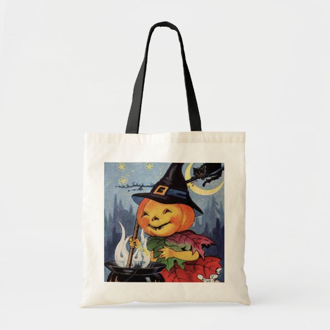 Bolso De Tela Trato de truco de gatito de calabaza de bruja de H (Frente)