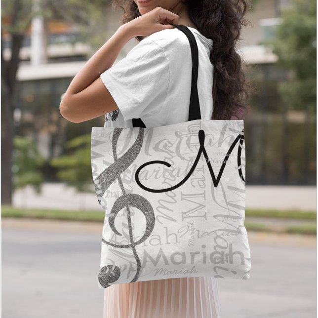 Bolso De Tela Treble Clef Music Note Monograma con nombre blanco (musical note & name)