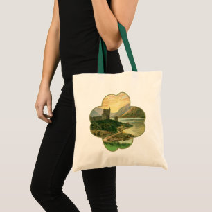 Bolso De Tela Trébol dorado de la suerte vintage con un castillo