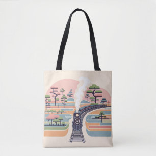 Bolso De Tela Tren de vapor vintage en un bosque pastel de ensue