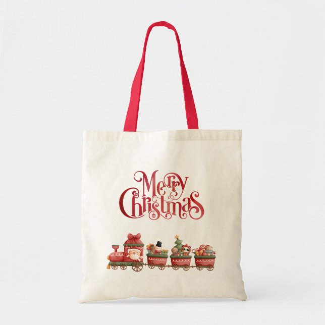 Bolso De Tela Tren navideño bonito con juguetes (Frente)