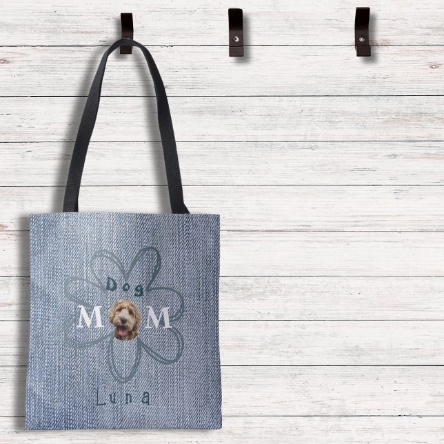 Bolso De Tela Trendy Blue Jean Dog Photo Mom (This cute tote has the look of denim, personalized with the name and a picture of your pup!)