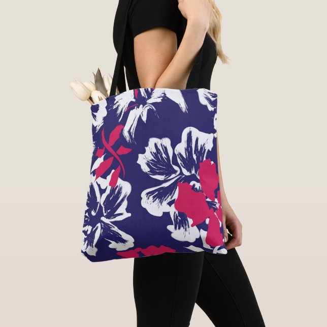 Bolso De Tela Trendy Tropical Abstract Blue Red Floral Pattern (Detalle)