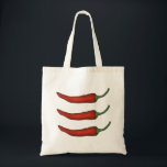 Bolso De Tela Tres chiles Tote de pimienta picante de chile rojo<br><div class="desc">Mug tiene una fila de tres pimientos de chile rojo brillante o cayenne. Creado a partir de un ilustracion de marcadores original. Perfecto para tu comida favorita o para cualquiera a quien le gusten las cosas un poco picantes!</div>