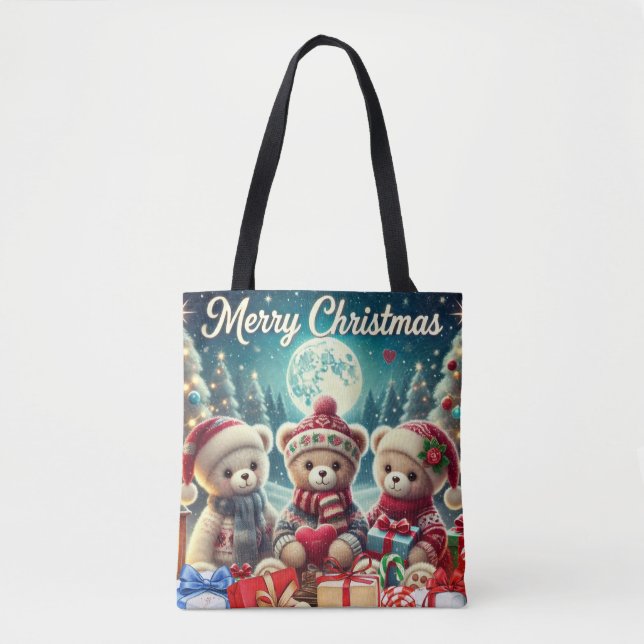 Bolso De Tela Tres Cuidados Teddy Bears Feliz Navidad (Anverso)
