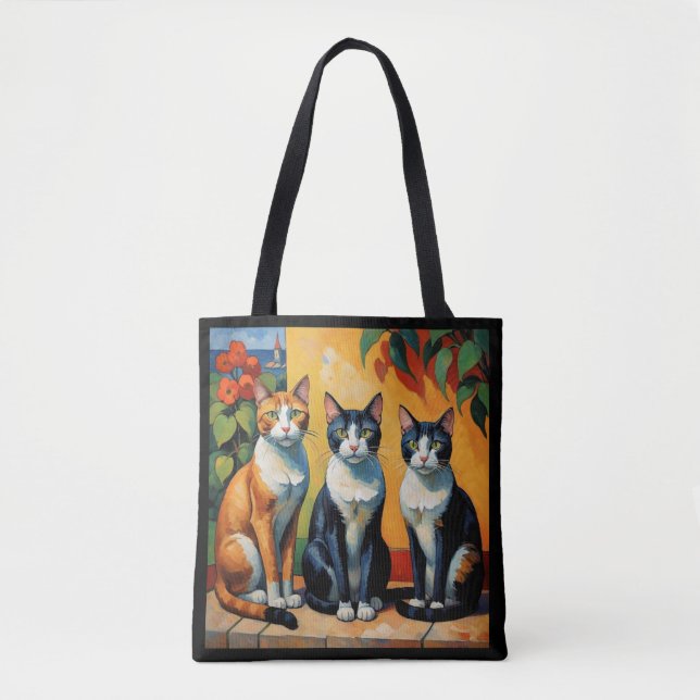 Bolso De Tela Tres gatos y flores (Anverso)