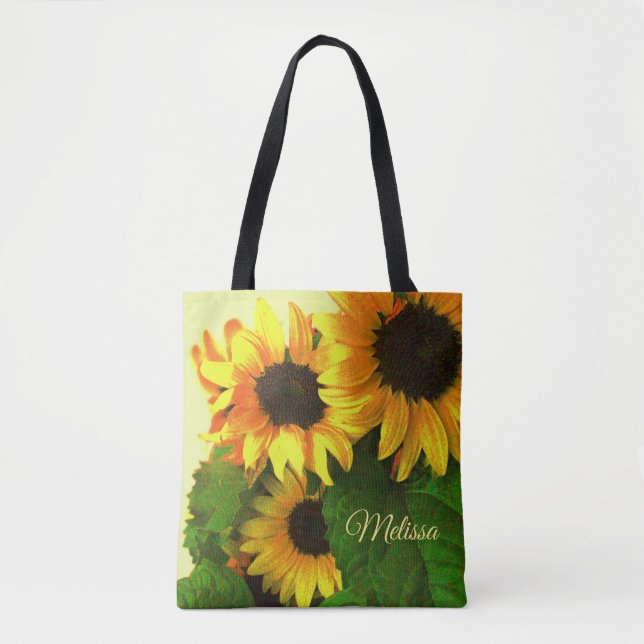 Bolso De Tela Tres girasoles amarillos brillantes personalizados (Anverso)