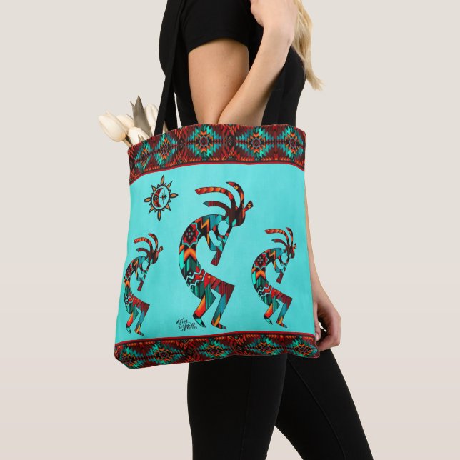 Bolso De Tela Tres Kokopelli Y Sun Tote Bag Del Suroeste (Detalle)