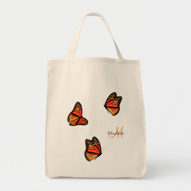 Bolso De Tela tres mariposas monarcas monogramadas (Frente)