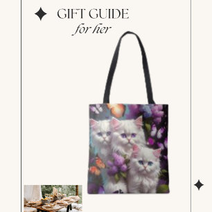 Bolso De Tela Tres tiernos gatos blancos con mariposa