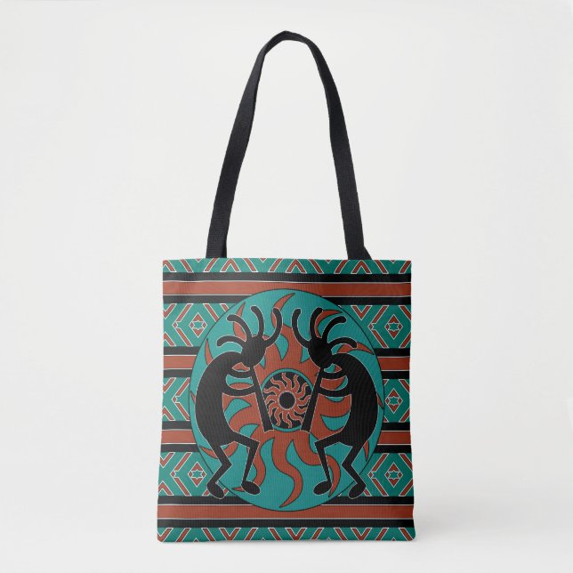 Bolso De Tela Tribal Kokopelli Marrón Verde azulado Y Negro (Anverso)