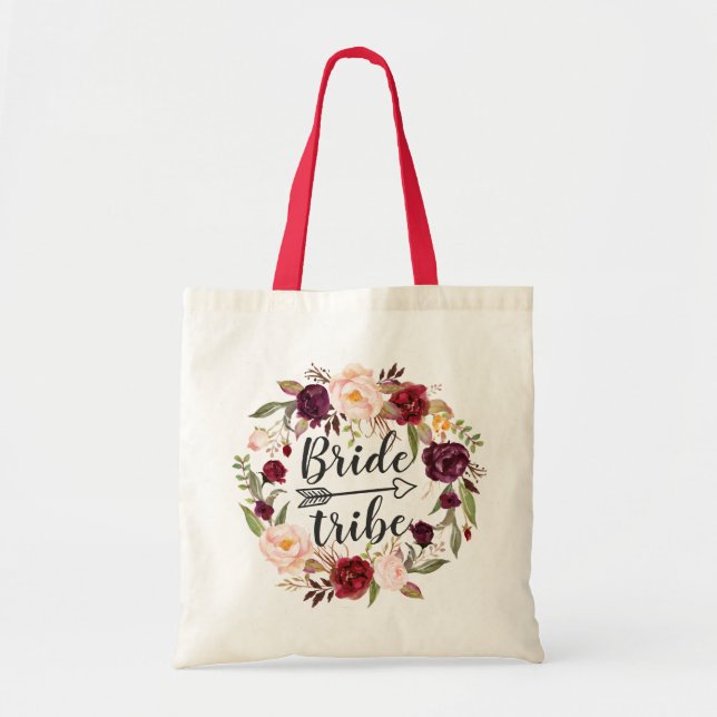 Bolso De Tela Tribu de novia floral borgoñona de Rubor rojo (Frente)