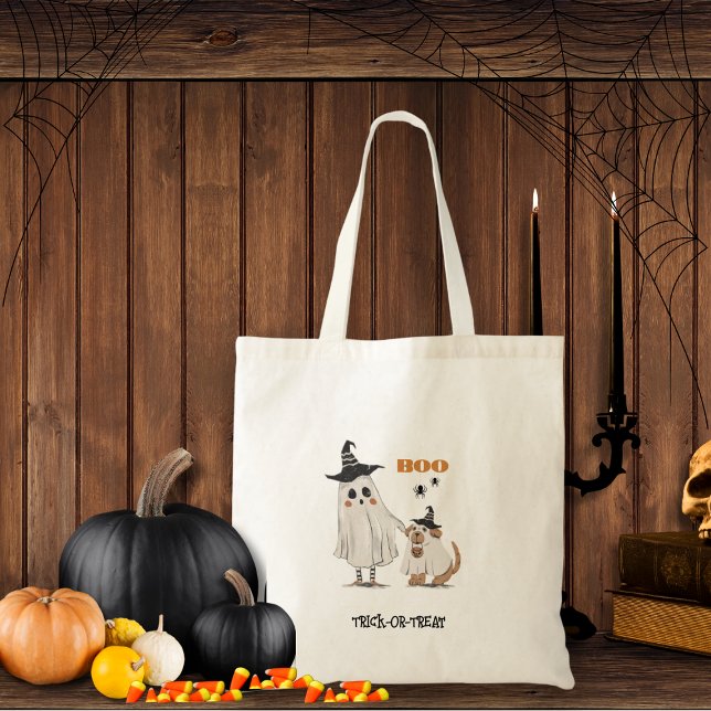 Bolso De Tela Trick de Halloween o trato a perro fantasma person (Go trick or treating with this adorable ghost and ghost dog tote. Boo! Customize it!!)