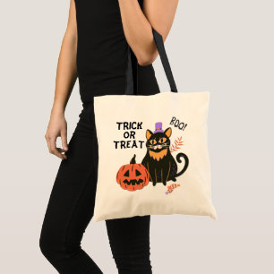 Bolso De Tela Trick o trato de felino negro lindo en Halloween
