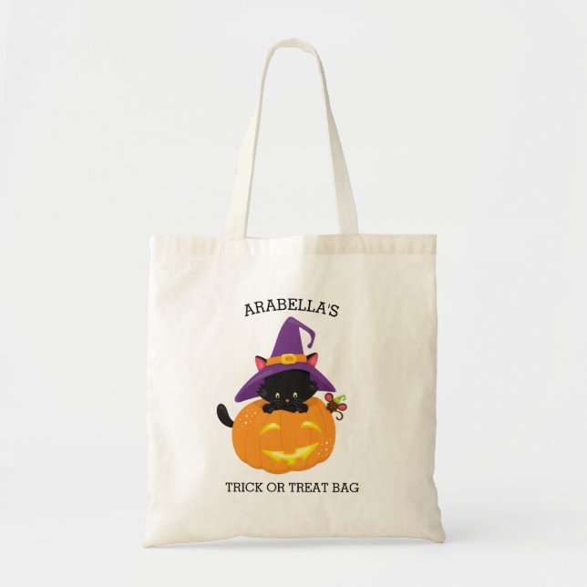 Bolso De Tela Trick o trato de gato negro de Halloween (Frente)