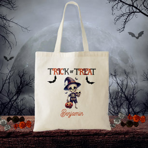 Bolso De Tela Trick o trato de Halloween con niño esqueleto