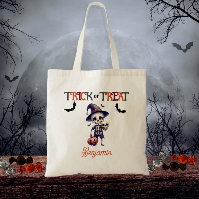 Bolso De Tela Trick o trato de Halloween con niño esqueleto (Cute Skeleton Kid's "Trick or Treat" Halloween Tote Bag)