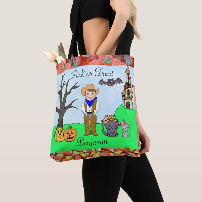 Bolso De Tela Trick o Treat Boy's Cowboy Costume Halloween (Detalle)
