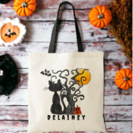 Bolso De Tela Trick or Treat de Halloween de gato negro personal