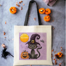 Bolso De Tela Trick or Treat de Halloween de gato negro personal
