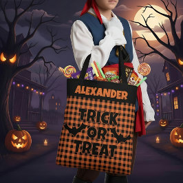 Bolso De Tela Trick or Treat de Halloween en Plaid Naranja y Neg