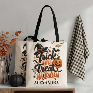 Bolso De Tela Trick or Treat Script de Halloween en negro y nara