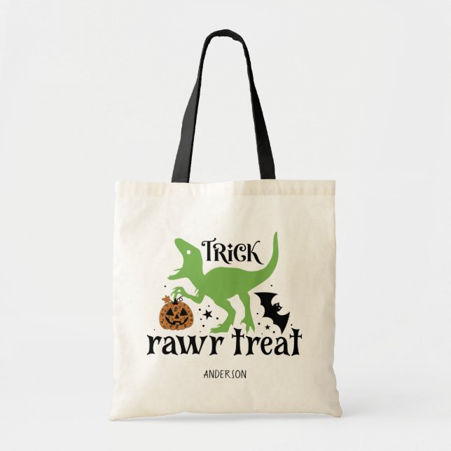 Bolso De Tela Trick Rawr Treat Personalizado Dinosaur Halloween (Frente)