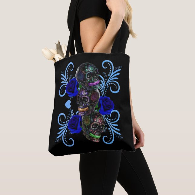 Bolso De Tela Triple Día Negro De Los Cránulos Muertos Rosas Azu (Detalle)