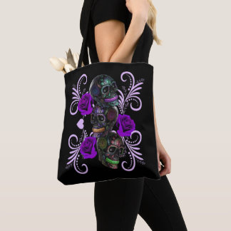 Bolso De Tela Triple Día Negro De Los Cránulos Muertos Rosas Mor