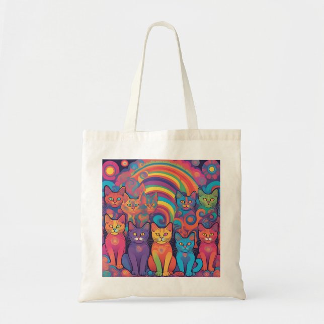 Bolso De Tela Trippy Cats Hippy Color Vivid Psychedelic (Frente)