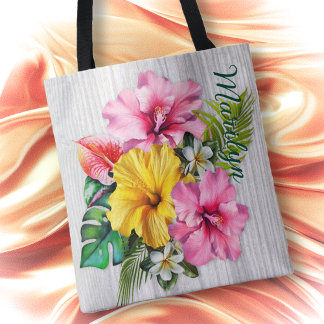 Bolso De Tela Tropical Flowers Gray Wood Personalized AOP