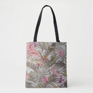 Bolso De Tela Tropical flowers, palm leaves, bird of paradise