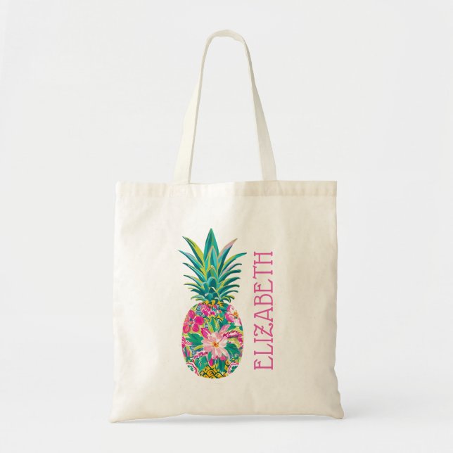 Bolso De Tela Tropical Pink and Green Floral Pineapple (Frente)