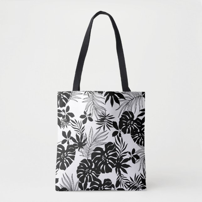 Bolso De Tela Tropicales blancos y negros: Naturaleza silueta (Anverso)