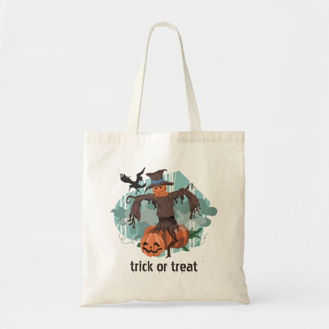 Bolso De Tela Truco de espantapájaros y calabazas para Halloween (Frente)