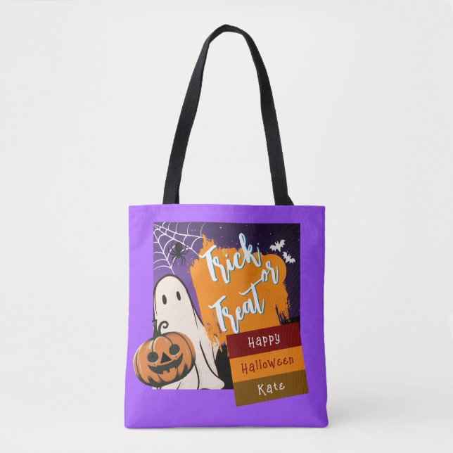 Bolso De Tela truco o tratamiento, nombre, naranja de halloween  (Anverso)