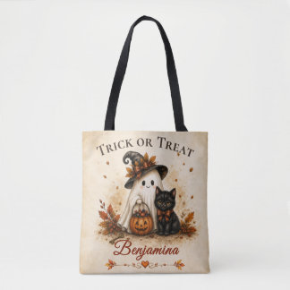 Bolso De Tela Truco o trato Fantasma y Gato Negro Halloween