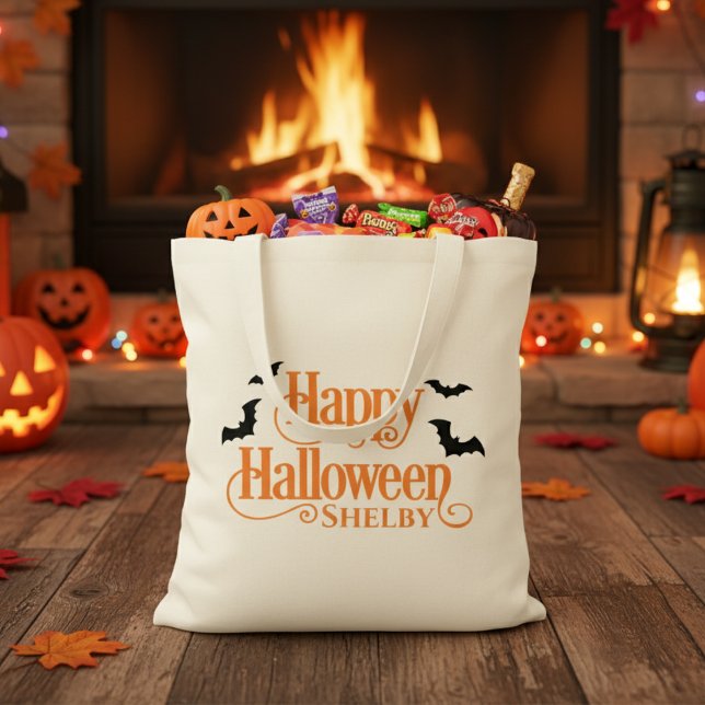 Bolso De Tela Truco o trato feliz personalizado de Halloween (Personalized Happy Halloween Trick or Treat Tote Bag - Add your favorite trick-or-treater's name!)