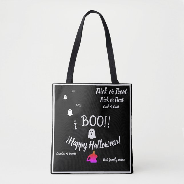 Bolso De Tela truco o trato, nombre, halloween personalizado, bo (Anverso)
